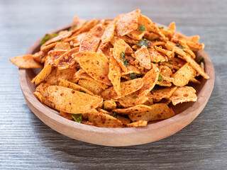 basreng or spicy chips made from fried baso. A typical Sundanese, Indonesian spicy crispy snack.
