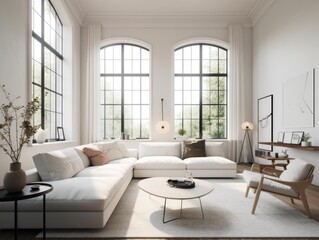 Obraz premium Minimal white modern living room with modern comfortable furniture. Generative AI