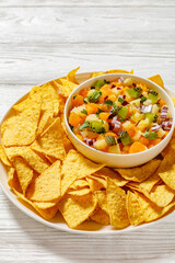summer fruit salsa with tortilla chips on plate