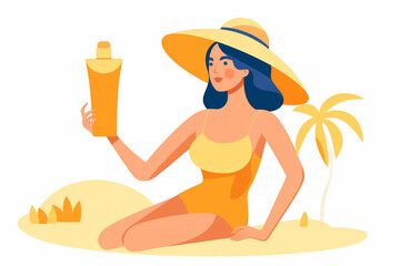 Generative AI.Woman in sun hat holding sunscreen.protection from the rays and the harmful effects of the sun's rays on the beach. Skin beauty and health concept. 