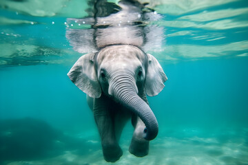 Baby elephant swimming underwater