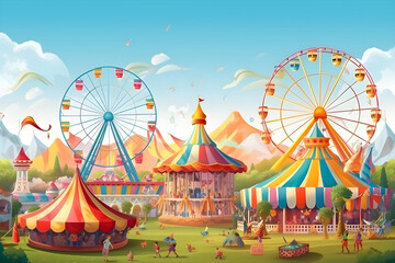 two ferris wheels, colorful tents and bright carousel on summer carnival, Generative AI