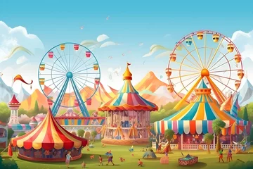 Deurstickers two ferris wheels, colorful tents and bright carousel on summer carnival, Generative AI © nejrapani