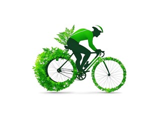 Fototapeta na wymiar Embrace the eco-friendly spirit of World Bicycle Day with this captivating logo featuring a person riding a bicycle, beautifully crafted with lush green leaves against a clean white background