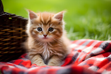 Fototapeta na wymiar Kitten laying on picnic blanket in park, Generative AI