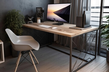 Generative AI. Home office desk workspace with laptop, stationery on white desktop. Modern interior design concept. computer monitor and plants in grey spacious home office interior