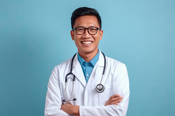 male doctor isolated on blue background. Gnerative AI