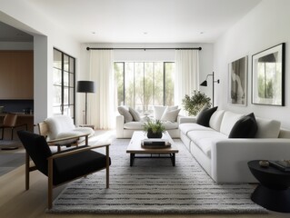 Obraz na płótnie Canvas Minimal white modern living room with modern comfortable furniture. Generative AI
