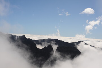 Cloudscape. Mountain range and peaks covered in clouds, fog and mist on Madeira Island , Portugal, Europe