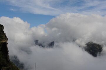 Cloudscape. Mountain range and peaks covered in clouds, fog and mist on Madeira Island , Portugal, Europe