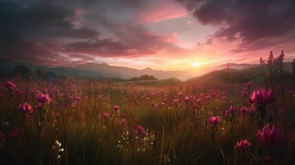 Pink flower filed with beautiful pink sky. Generative AI