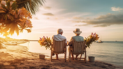 Happy seniors enjoying of retirement with a beach in morning, AI generative