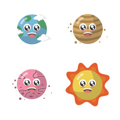 Cute planets. Cartoon sun, moon, earth and space solar system elements set. Vector cute planet illustration