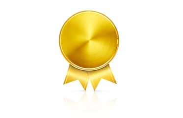Gold medal with golden ribbon, faint shadow, isolated  PNG transparent - obrazy, fototapety, plakaty