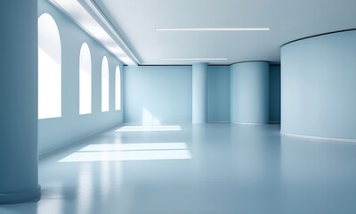 Photo of a light blue blank wall and smooth floor with eye-catching highlights. Background for presentations.