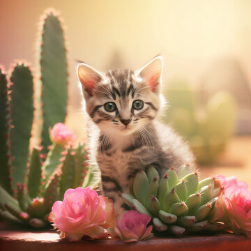 cute gray cat sits on a table surrounded by cactus flowers, generated by AI