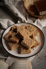 Homemade oaty caramel slice on a plate