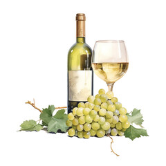 bottle of white wine with wine glass and grapes, watercolor, isolated on white or transparent background. Generative AI