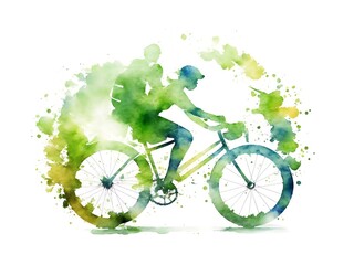 Fototapeta na wymiar Mark World Bicycle Day with this captivating image of a person gracefully riding a bicycle, adorned with lush green watercolor leaves against a pristine white background, evoking a sense of nature's h