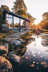 Modern villa with pond and stepping stones