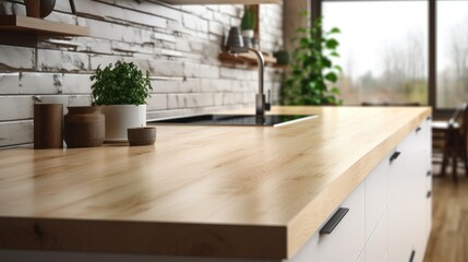 modern minimalists style kitchen interior with empty kitchen deck close-up view, ai generated image