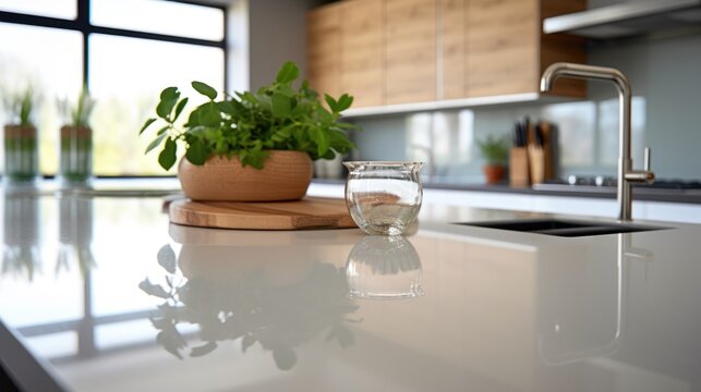 modern minimalists style kitchen interior with empty kitchen deck close-up view, ai generated image