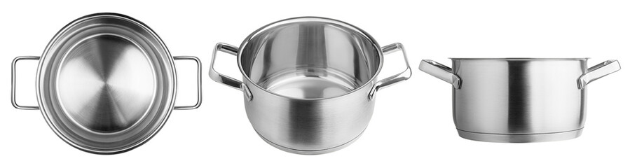 Stainless steel cooking pot, isolated on white background, full depth of field