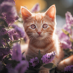 Fluffy ginger kitten sits in the garden on the grass around the violet flowers, generated by AI