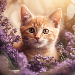 Fluffy ginger kitten sits in the garden on the grass around the violet lilac flowers, generated by AI