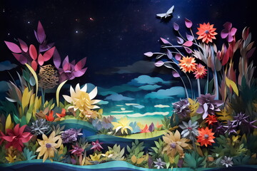 Fototapeta na wymiar flowers and butterfly moth night scene made from paper collage, art made with generative ai