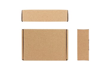 Top, Front and side view of cardboard box isolated on a white background with clipping path.