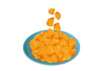 Potato chips falling down to the blue dish isolated on white background with clipping path.