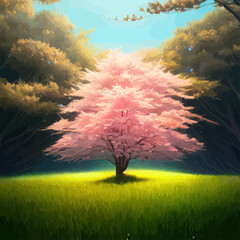 Naklejka na ściany i meble Web Blooming pink sakura in the meadow vector illustration. Japanese cherry trees on a green meadow, Spring landscape
