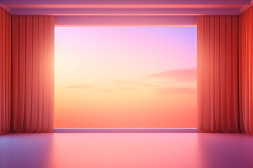 minimalist pink room theater backdrop with open curtains and sunset pink sky made with generative ai