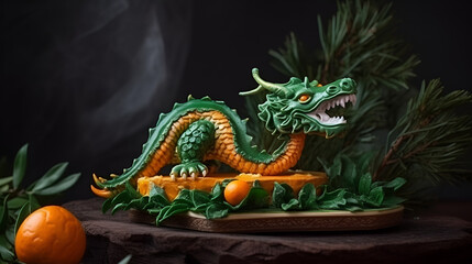 Fototapeta premium Cake in the form of a traditional green Chinese dragon on the festive table dessert, generated by AI