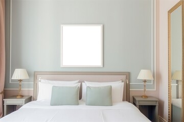 Hotel room in pastel colors with a mockup for a picture in a frame  Generative AI