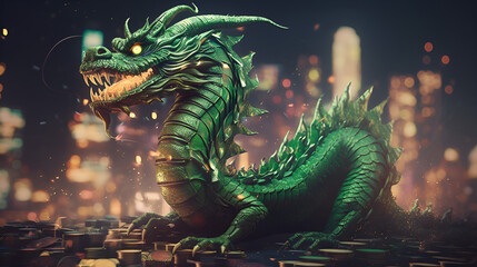 Fototapeta premium Chinese green dragon on the background of the New Year holiday. Christmas tree toy. AI generated