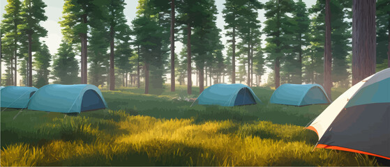 Tourist summer camping with tents vector illustration banner. Camping area in a clearing in a nordic forest in a spruce