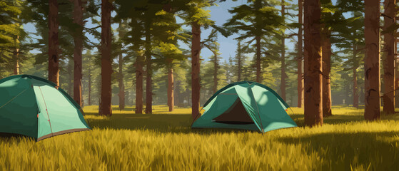 Tourist summer camping with tents vector illustration banner. Camping area in a clearing in a nordic forest in a spruce