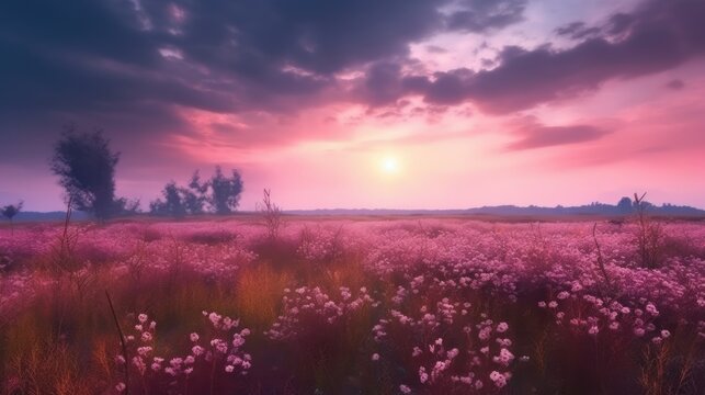 Pink flower filed with beautiful pink sky. Generative AI © Natee Meepian