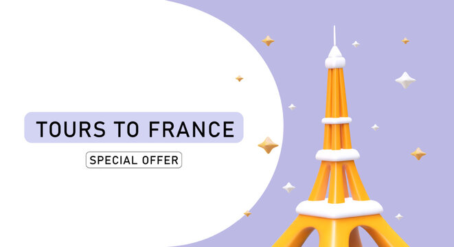 Find best tours to France. Online booking and payment of tickets to Paris. Romantic tours to Eiffel Tower. Banner of special offer from travel company