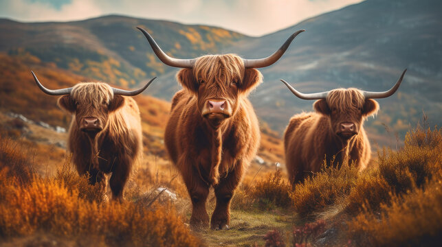 Majestic Highland Charm: A Captivating Photo of Highland Cattle. Generative AI