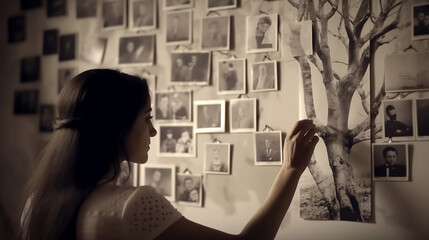 Family tree concept, dna, genes, ancestors. A woman hangs old photographs of her family on the wall. AI generated Generative AI - obrazy, fototapety, plakaty