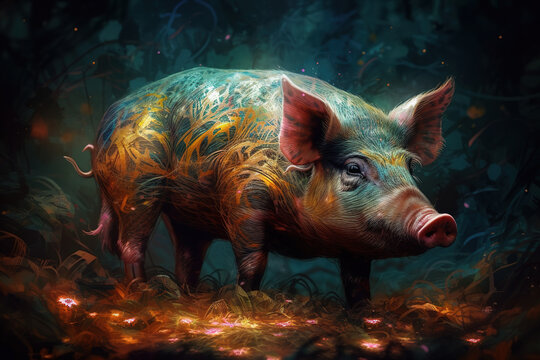 Image of pig with colorful patterns on dark background. Farm animals. Illustration. Generative AI.