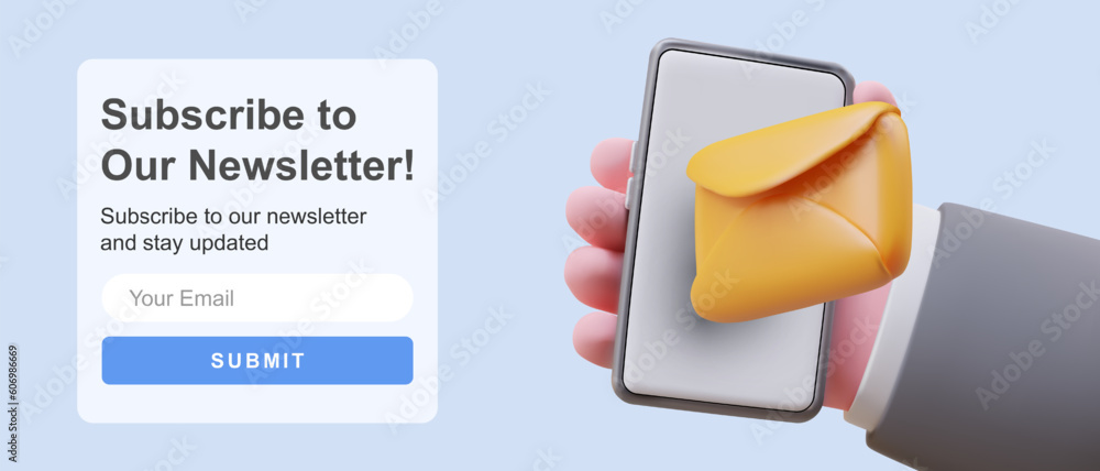Poster subscribe to news. horizontal template with 3d elements. invitation to subscribe to site and applica