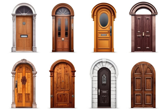 Different entrance door types collection photo realistic. Transparent background, generative AI