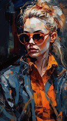 Fototapeta na wymiar Beautiful girl in sunglasses, in the style of severe work with a palette knife, orange and indigo, precision art created with Generative AI technology