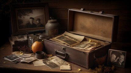 Family tree concept, dna, genes, ancestors. A large box suitcase lies on the table with old photographs. AI generated Generative AI - obrazy, fototapety, plakaty
