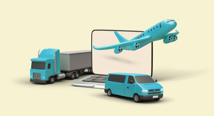 Transportation by various types of vehicles. Delivery of large cargo to another city, country, continent. Online ordering of parcel carry. Volumetric banner for advertising transit services