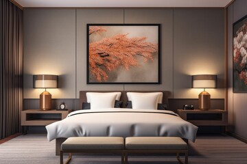Hotel room with a framed picture hangs directly on the wall without Generative AI